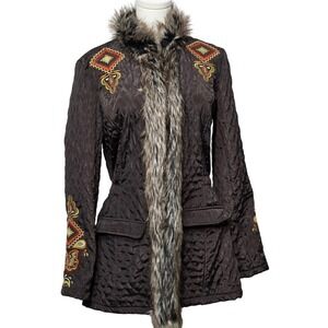 Double D Ranch Jacket Womens XS Brown Faux Fur Trim Embroidered‎ Western Coat